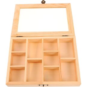 Alipis Rock Display Case Wood Blank Jewelry Organizer Box Tea Bag Organizer, Rock Collection Box 10 Grids Crystal Holder with Clear Lid