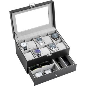10 Slots Watch Box Case for Men, Mens Jewelry Organizer Watch Holder Display Case with Drawer, PU Leather Watch Storage Boxes with Glass Lid and Pillow -Black