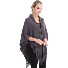 XINQIAO Women's Hooded Cape with Horn Buttons,Oversized Knitting Poncho Shawl