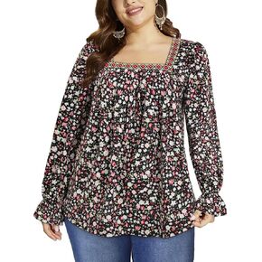 قمصان Loemes النسائية 2023 بأكمام طويلة منتفخة ورقبة مربعة بلوزات بوهو منقوشة بالزهور ملابس غير رسمية فضفاضة للعمل والخريف in Kuwait