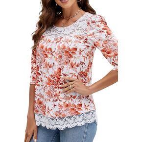 HOCOSIT Womens 3/4 Sleeve Tunic Tops Casual Loose Shirts Lace Panel Floral Pleated Blouse