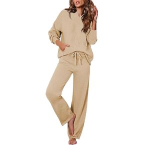 Viottiset Women's 2 Piece Outfits Sweater Set Long Sleeve Hoodies With Pocket Wide Leg Pants Lounge Sets Sweatsuit