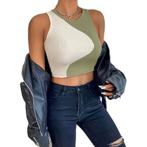 BROVAVE Women Casual Basic Sleeveless Crew Neck Color Block Rib-Knit Crop Tank Tops