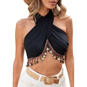 BEAUDRM Women's Sequin Tassel Boho Criss Cross Tie Backless Crop Halter Top Cropped Slim Fit Cami Top