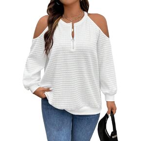 WDIRARA Women's Cold Shoulder Waffle Knitted Sweatshirt Zip Round Neck Long Sleeve Casual Sweatshirts