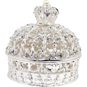 Silver Rhinestone Pearl Royal Crown Jewelry Box, Trinket Box | Beautiful Collectible Figurine and Decorative Jewelry Display, Holder, and Organizer