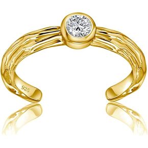 Hoops & Loops 925 Sterling Silver Cubic Zirconia Bezel-Set Hammered Open Toe Ring for Women Teen Girls Men
