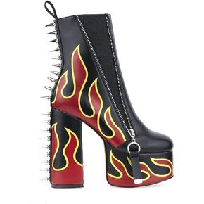 Women's Elastic band High Heels Rivets Ankle Boots Ladies Flames Totem Metal Zipper Thick Heels Punk Booties