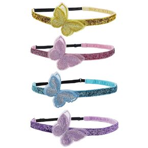 FROG SAC 4 Butterfly Headbands for Girls, Adjustable Non Slip Glitter Headband for Kids, Cute Nonslip Little Girl Hair Accessories, Thin Head Band Hairbands
