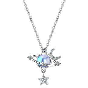 Hmooy Sliver Moon Star Planet Necklace, Saturn Moonstone Necklace Planet Pendant Galaxy Space Crystal Planets Necklace Jewelry for Women Girls