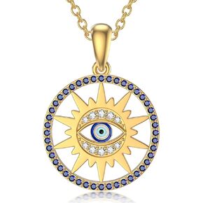 ايوبس قلادة عين الحسد من الذهب الخالص عيار 14 قيراط للنساء بدلاية على شكل شمس وعين الحسد، قلادة انيقة للحماية من الحسد، 16 انش + 2 انش، ذهبي، زركونيا مكعب, ذهب, مكعب زركونيا in Kuwait