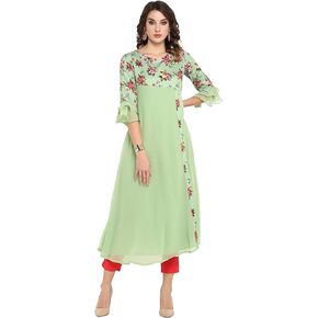 Janasya Indian Women's Light Green Poly Crepe Kurta