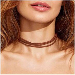 Erimberate Gothic Layered Leather Choker Necklace Brown Leather Collar Necklace Short Leather Cord Necklace Punk Suede Necklace Choker Jewelry for Women and Girls