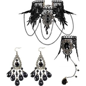4 Pcs Lace Choker Set Black Choker Beads Pendant Necklace Gothic Lace Bracelet with Ring and Lace Earring for Party Wedding Halloween