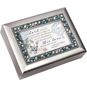 Cottage Garden Lord Will Save His Love Brushed Silvertone Blue Jeweled Music Box Plays How Great Thou Art