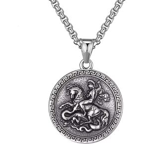 Stainless Steel St. George Dragon Slayer Pendant Necklace for Men Women Silver Religious Christian Catholic Medal Medallions Jewelry, 24 inch Chain