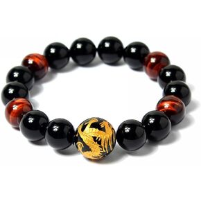 Men's 12mm Tiger Eye Agate Bead Bracelet (Golden Color) Dragon King Pattern Stretch Bracelet Length: 7.6"