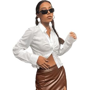 SweatyRocks Women's Long Sleeve Button Up Shirt Collar Neck Ruched Fitted Blouse Top