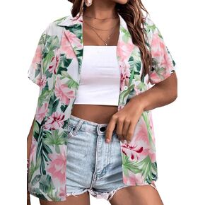 Eytino Women Plus Size Hawaii Shirts V Neck Floral Tropical Printed Tops Summer Short Sleeve Front Button Up Shirts (1X-5X)