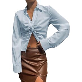 SweatyRocks Women's Long Sleeve Button Up Shirt Collar Neck Ruched Fitted Blouse Top