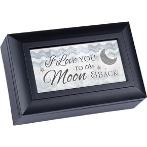 صندوق موسيقي صغير للمجوهرات بلمسة نهائية سوداء بعبارة Love You to the Moon يعزف عالم رائع