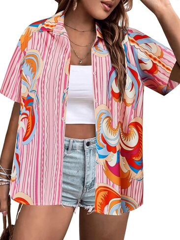 IN'VOLAND Women's Plus Size Hawaiian Shirts Short Sleeve Casual Floral Button Down Shirt Tropical Beach Blouse Summer Top in Saudi Arabia