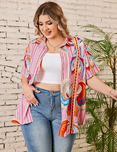 IN'VOLAND Women's Plus Size Hawaiian Shirts Short Sleeve Casual Floral Button Down Shirt Tropical Beach Blouse Summer Top in Saudi Arabia