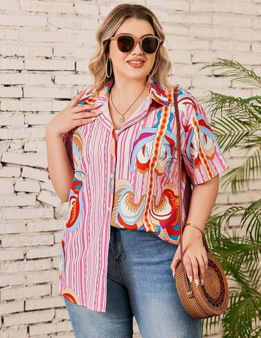 IN'VOLAND Women's Plus Size Hawaiian Shirts Short Sleeve Casual Floral Button Down Shirt Tropical Beach Blouse Summer Top in Saudi Arabia