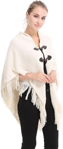 رداء نسائي بقلنسوة من XINQIAO مع أزرار قرن، شال بونشو محبوك كبير الحجم in Kuwait