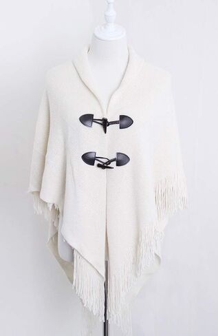 رداء نسائي بقلنسوة من XINQIAO مع أزرار قرن، شال بونشو محبوك كبير الحجم in Kuwait