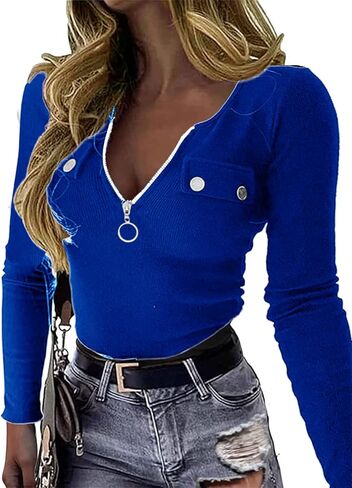 بلوزة نسائية من Henley بأكمام طويلة وسحاب ورقبة على شكل حرف V وجيب قميص منسوج مضلع in Kuwait