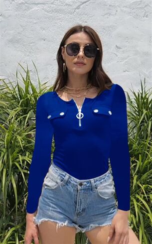 بلوزة نسائية من Henley بأكمام طويلة وسحاب ورقبة على شكل حرف V وجيب قميص منسوج مضلع in Kuwait