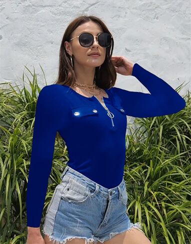 بلوزة نسائية من Henley بأكمام طويلة وسحاب ورقبة على شكل حرف V وجيب قميص منسوج مضلع in Kuwait