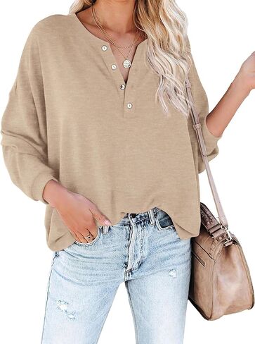 سويت شيرت نسائي فضفاض من JYLFC بأكمام طويلة وقمصان Henley بأزرار سفلية ورقبة دائرية وبلوزات in Kuwait