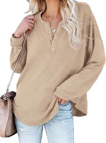 سويت شيرت نسائي فضفاض من JYLFC بأكمام طويلة وقمصان Henley بأزرار سفلية ورقبة دائرية وبلوزات in Kuwait