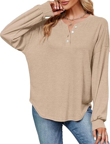 سويت شيرت نسائي فضفاض من JYLFC بأكمام طويلة وقمصان Henley بأزرار سفلية ورقبة دائرية وبلوزات in Kuwait