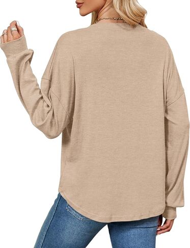 سويت شيرت نسائي فضفاض من JYLFC بأكمام طويلة وقمصان Henley بأزرار سفلية ورقبة دائرية وبلوزات in Kuwait