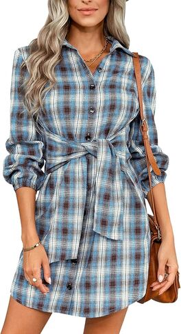 Womens Plaids Shirt Dress V Neck Long Sleeve Tunic Tops Button Down Midi Dress in Kuwait