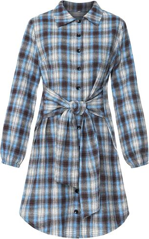 Womens Plaids Shirt Dress V Neck Long Sleeve Tunic Tops Button Down Midi Dress in Kuwait