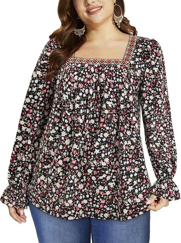 قمصان Loemes النسائية 2023 بأكمام طويلة منتفخة ورقبة مربعة بلوزات بوهو منقوشة بالزهور ملابس غير رسمية فضفاضة للعمل والخريف in Kuwait