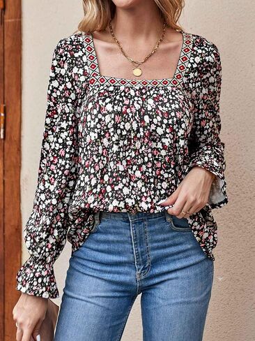 قمصان Loemes النسائية 2023 بأكمام طويلة منتفخة ورقبة مربعة بلوزات بوهو منقوشة بالزهور ملابس غير رسمية فضفاضة للعمل والخريف in Kuwait