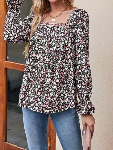 قمصان Loemes النسائية 2023 بأكمام طويلة منتفخة ورقبة مربعة بلوزات بوهو منقوشة بالزهور ملابس غير رسمية فضفاضة للعمل والخريف in Kuwait