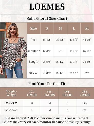 قمصان Loemes النسائية 2023 بأكمام طويلة منتفخة ورقبة مربعة بلوزات بوهو منقوشة بالزهور ملابس غير رسمية فضفاضة للعمل والخريف in Kuwait