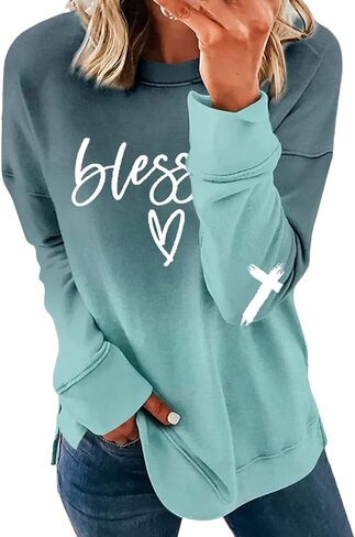 Womens Print Shirt Ladies Lightweight Long Sleeve Crewneck Color Block Faith Tie Dye Sweatshirt Loose Tops in Saudi Arabia