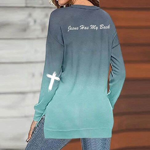 Womens Print Shirt Ladies Lightweight Long Sleeve Crewneck Color Block Faith Tie Dye Sweatshirt Loose Tops in Saudi Arabia