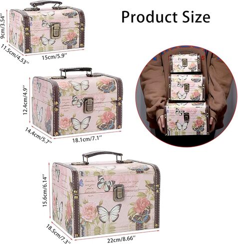 إلدو مجموعة من 3 صناديق كنز على شكل فراشة، صندوق تخزين خشبي + جلد صناعي مزخرف للمجوهرات والحلي، صندوق تذكارات لهدايا الفتيات والنساء in Kuwait