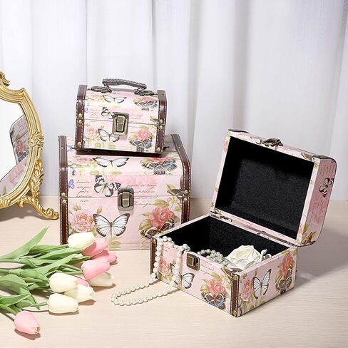 إلدو مجموعة من 3 صناديق كنز على شكل فراشة، صندوق تخزين خشبي + جلد صناعي مزخرف للمجوهرات والحلي، صندوق تذكارات لهدايا الفتيات والنساء in Kuwait