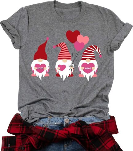 Valentine's Day T-Shirt for Women Gnome Shirts Cute Buffalo Plaid Love Heart Graphic Printed Tees Tops in Saudi Arabia