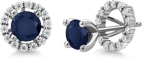 Gem Stone King 925 Sterling Silver Round Blue Sapphire and White Moissanite Removable Jacket Stud Halo Earrings For Women (2.62 Cttw, Gemstone Birthstone, Round Cut 6MM) in Saudi Arabia