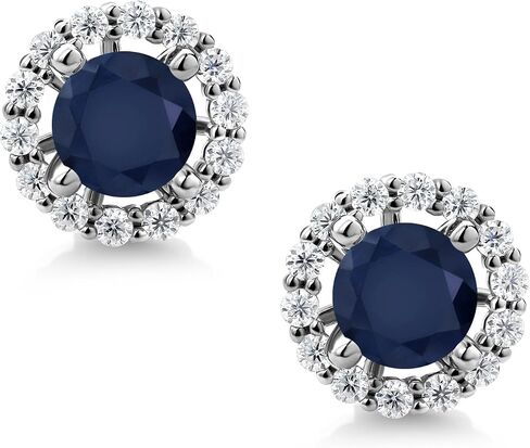 Gem Stone King 925 Sterling Silver Round Blue Sapphire and White Moissanite Removable Jacket Stud Halo Earrings For Women (2.62 Cttw, Gemstone Birthstone, Round Cut 6MM) in Saudi Arabia